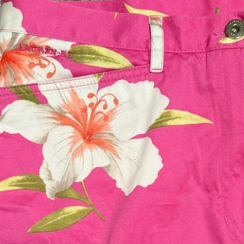 Lauren Ralph Lauren Floral Capri Pants Womens 12 Pink Tropical Hawaiian Stretch